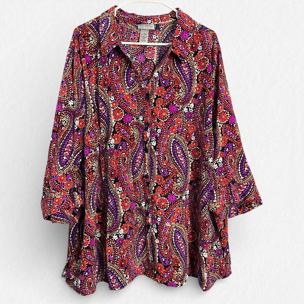 Catherines Womens 3X 26/28W Red Purple Paisley Floral Button‎ Front Blouse Top